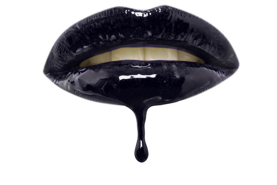 Close-up Of Black Lip-gloss Dripping From Woman's Lips Over White Background