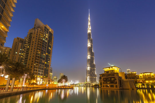 Dubai Burj Khalifa and skyscrapers at night, Dubai City