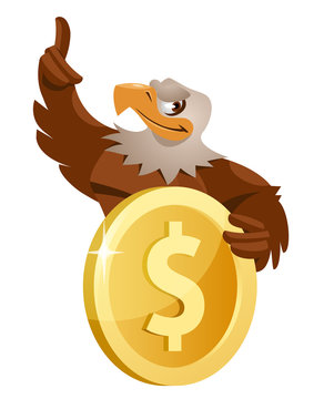 Eagle holds dollar symbol. Cartoon styled vector illustration.  Elements is grouped and divided into layers for easy edit.