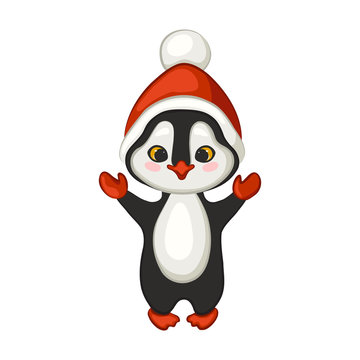 Cute Christmas penguin in a red hat with a pompom, and mittens.