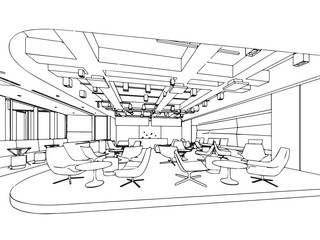 interior outline sketch drawing perspective of a space office