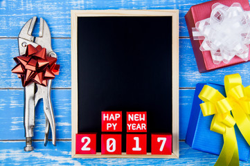 Present gift box, Repair tools, Blackboard and Happy new year 20