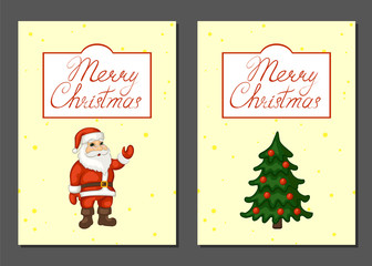Merry Christmas poster, banner, greeting card set. Santa Claus and Christmas tree on a yellow background. Vector illustration.
