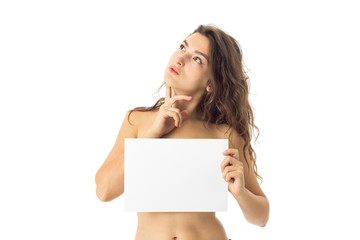 nude brunette girl with placard