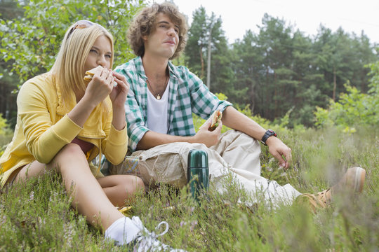 Young Hiking Couple Eating Sandwiches While Relaxing In Field