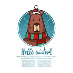 Template design banner for Christmas. Frame with cute cartoon bear wearing a scarf. Poster with text Hello winter. Postcard and invitation to a winter event. 