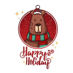 Template design banner for Christmas. Frame with cute cartoon bear wearing a scarf. Poster lettering text Happy Holidays. Postcard to a happy new year.