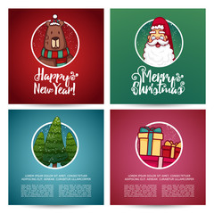 Set of designs Christmas cards template. Christmas card with Santa Claus and cute bear. Decor invitations small Christmas trees and gifts. Place for you text. Vector