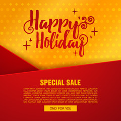 Template design christmas banner. Happu holiday brochure with decoration tape for xmas sale. Poster shiny gold background for a happy holiday offer. Vector.