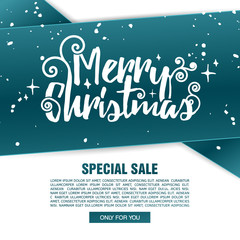 Template design Merry Christmas banner. Happy holiday brochure with decoration tape for xmas sale. Poster with blue tape background for a new year offer. Vector.