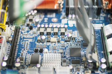 Close-up of computer circuit board in manufacturing industry