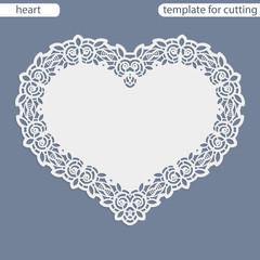 Greeting card with openwork border, paper doily under the cake, template for cutting in the form of heart, valentine card,  wedding invitation, decorative plate is laser cut,  vector illustrations.