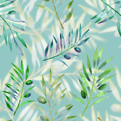 Floral seamless pattern with olive branch. Vegetable background in hand drawn watercolor style.