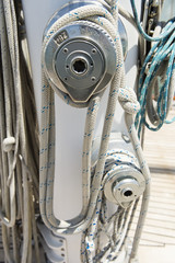 Fototapeta na wymiar Ropes wound around winches on sailboat