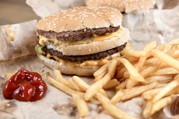 Cheese burger - American cheese burger with Golden French fries