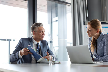 Mature businessman showing documents to female colleague at conference table