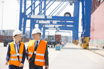 Fototapeta na wymiar Engineers conversing while walking in shipping yard