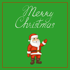 Merry Christmas poster, banner, greeting card. Cartoon Santa Claus on a green background. Vector illustration.