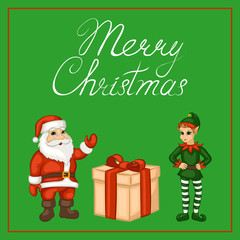 Merry Christmas poster, banner, greeting card. Santa Claus, elf and gift box on a green background. Vector illustration.