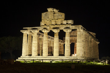 Archaeological site of Paestum in Italy. Greek Temple of Athena or Cerere. Night view