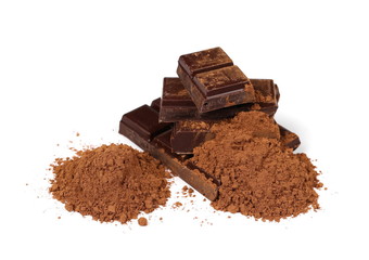 chocolate bars with cinnamon sticks and pile cocoa powder isolated on white background