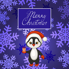Merry Christmas poster, banner, greeting card. Penguin in red hat on background with snowflakes. Vector illustration.

