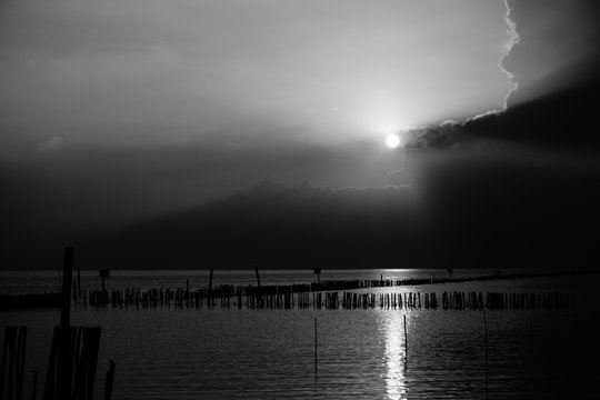 Fototapeta beautiful and dramatic ocean with sunset ( black and white tone)