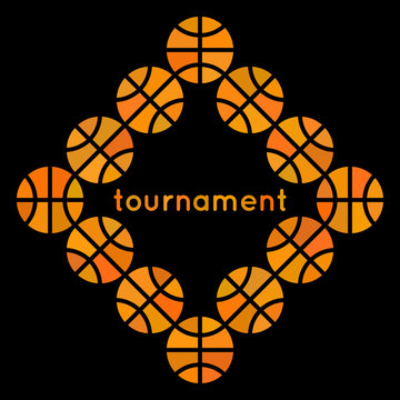 Multicoloured frame of basketball balls with the word "tournament" in the center for sport design