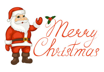 Fototapeta na wymiar Cartoon cute Santa Claus on white background. Merry Christmas greeting card. Vector illustration.