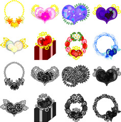 The cute icons of heart objects such as pendant and broach and present and wreath