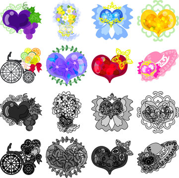 The cute icons of heart objects such as bouquet and ribbon and bicycle and hat
