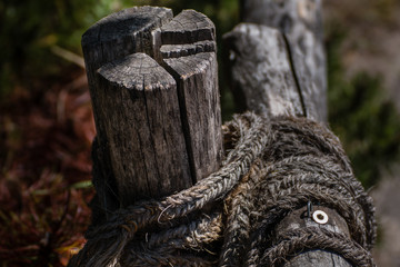 Holzpfähle mit Seil verbunden
