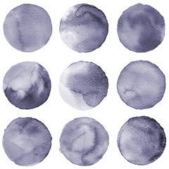 Watercolor circles collection gray colors. Stains set isolated on white background. Design elements