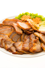 Roasted bbq red pork with sweet sauce in chinese food style in w