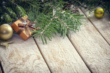 Christmas garland on rustic white wooden table with copy space 