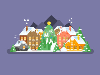 Obraz premium Winter village Christmas landscape night backgroundin flat style.