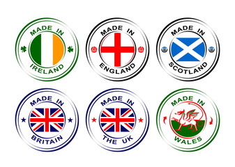 Collection of round labels Made in United Kingdom, Great Britain with flag, Wales with dragon, Scotland with thistle, England with rose, Ireland with shamrock