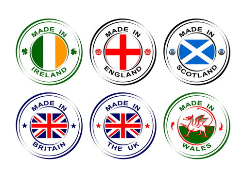 Collection of round labels Made in United Kingdom, Great Britain with flag, Wales with dragon, Scotland with thistle, England with rose, Ireland with shamrock