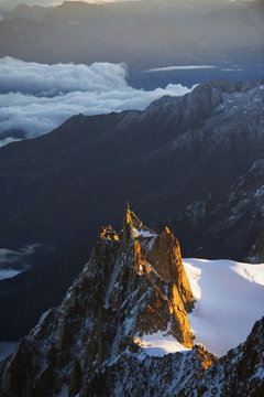 Sunrise on Aiguille du Midi cable car station, Mont Blanc range, Chamonix, French Alps, France
