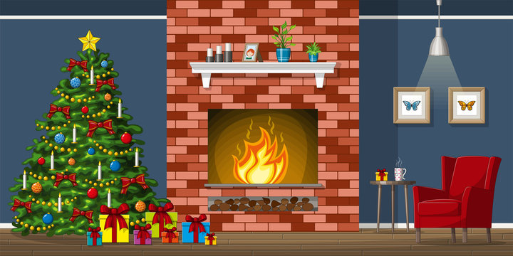 Illustration of interior equipment of a living room with christmas tree