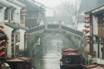 Traditional old riverside houses in Shantang water town, Suzhou, Jiangsu Province, China