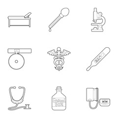 Accessories for treatment icons set. Outline illustration of 9 accessories for treatment vector icons for web