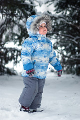 Little girl in the winter overalls walks in a snowy  forest