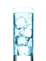 Glass of water with ice cubes on white background