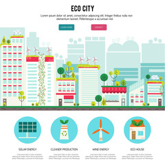 Banner or flyer with ecology city. Green city concept with eco i