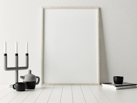3d rendering of mock up poster with candle holder