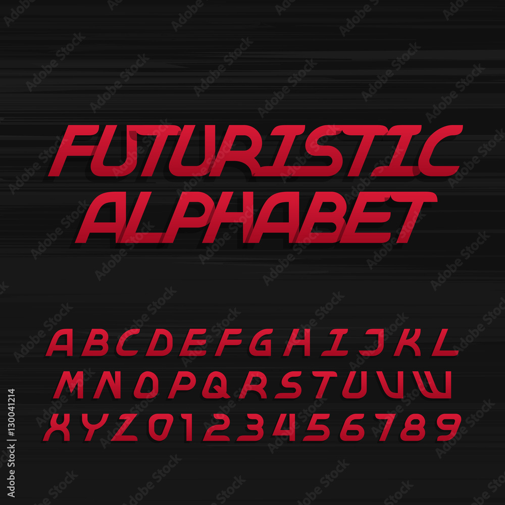 Poster futuristic alphabet vector font. oblique type letters and numbers on a dark stripe background. vecto