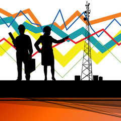 Fototapeta premium Economics data chart and engineers silhouettes and mobile phone