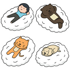 vector set of man and animal sleep on cloud
