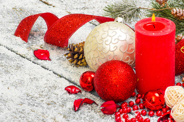 Christmas decoration hanging over wooden background